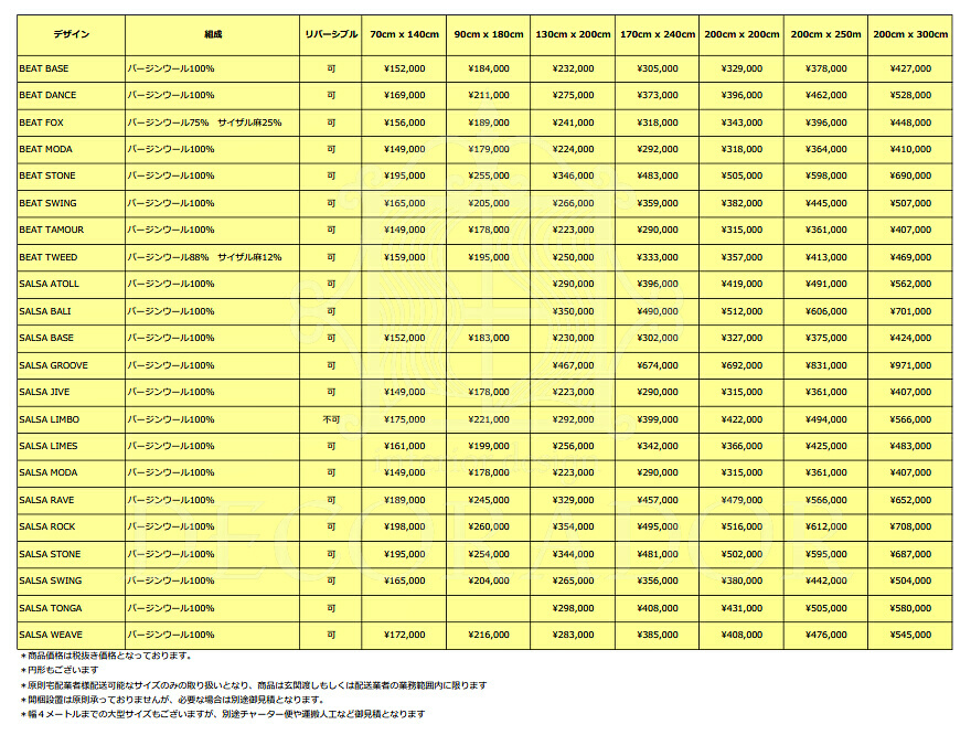 PAULIGラグの価格表